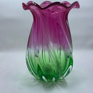 Vintage Vase Cranberry Pink Green Swirl Glass Ruffled Edge Teleflora